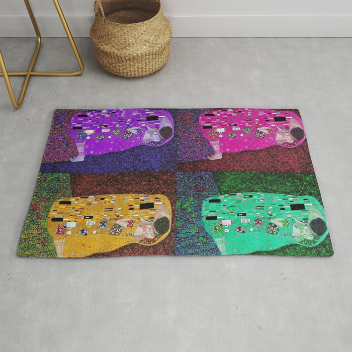 The kiss four-color collage; erotic love and the eternal cosmos romantic portrait painting alternate pink and purple by Gustav Klimt Rug