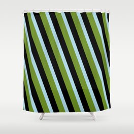 [ Thumbnail: Light Blue, Green & Black Colored Striped/Lined Pattern Shower Curtain ]