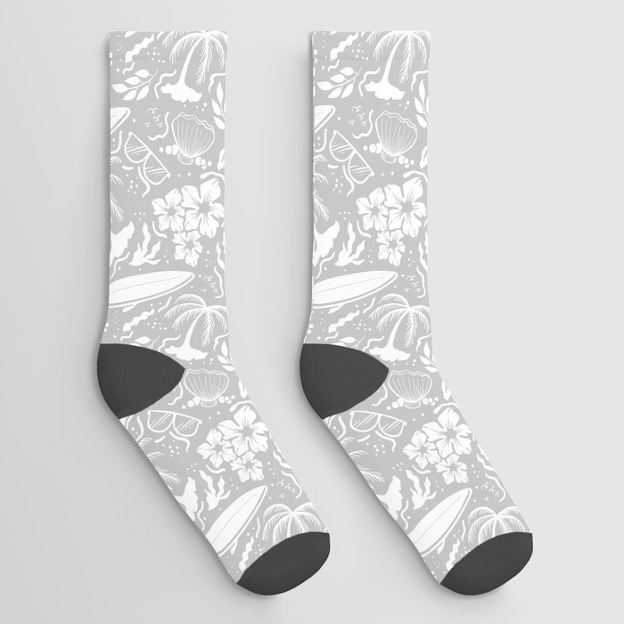 Light Grey and White Surfing Summer Beach Objects Seamless Pattern Socks