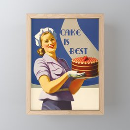 A beautiful smiling female pastry chef holding a chocolate layer cake with strawberry on top a vintage and nostalgic Framed Mini Art Print