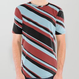 [ Thumbnail: Light Blue, Brown, and Black Colored Stripes/Lines Pattern All Over Graphic Tee ]