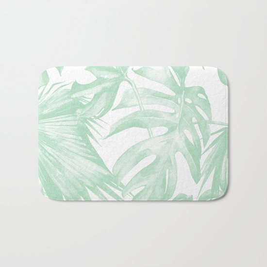 Light Green Tropical Palm Leaves Print Bath Mat