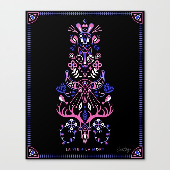 La Vie & La Mort – Pink & Periwinkle on Black Canvas Print