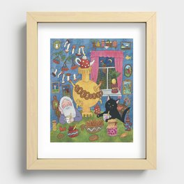 Grandpa and a black cat are drinking tea in a cozy home. Vivid digital illustration. Cute illustration for the decor and design of posters, postcards, prints, stickers, invitations, textiles. Recessed Framed Print