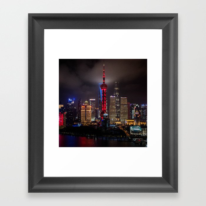 China Photography - Tall Lit Up Skyscrapers In Down Town Shang Hai At Night Framed Art Print