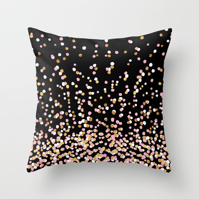 Floating Dots - White, Gold and Pink on Black Throw Pillow