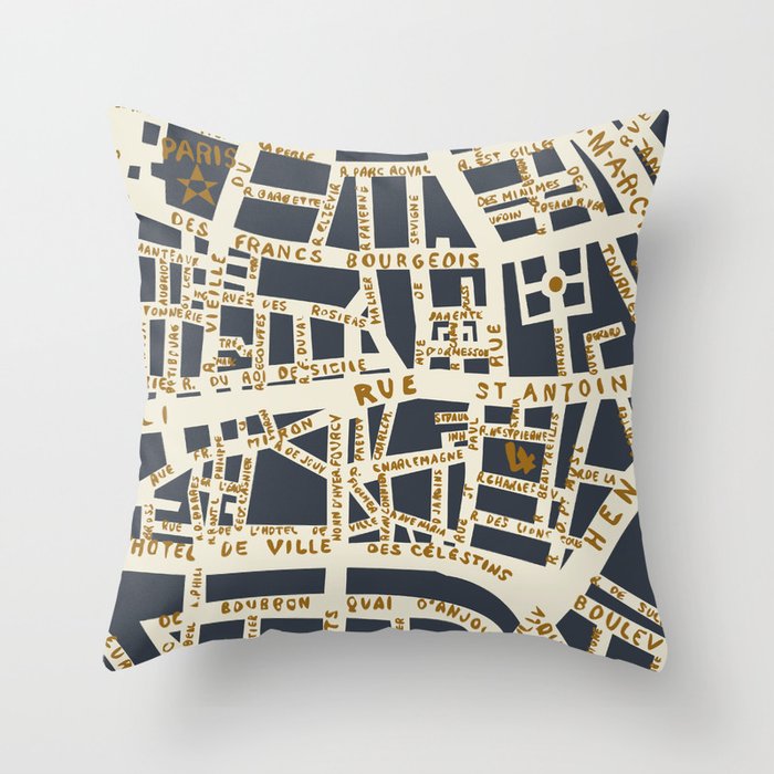 PARIS MAP GREY GOLD Throw Pillow