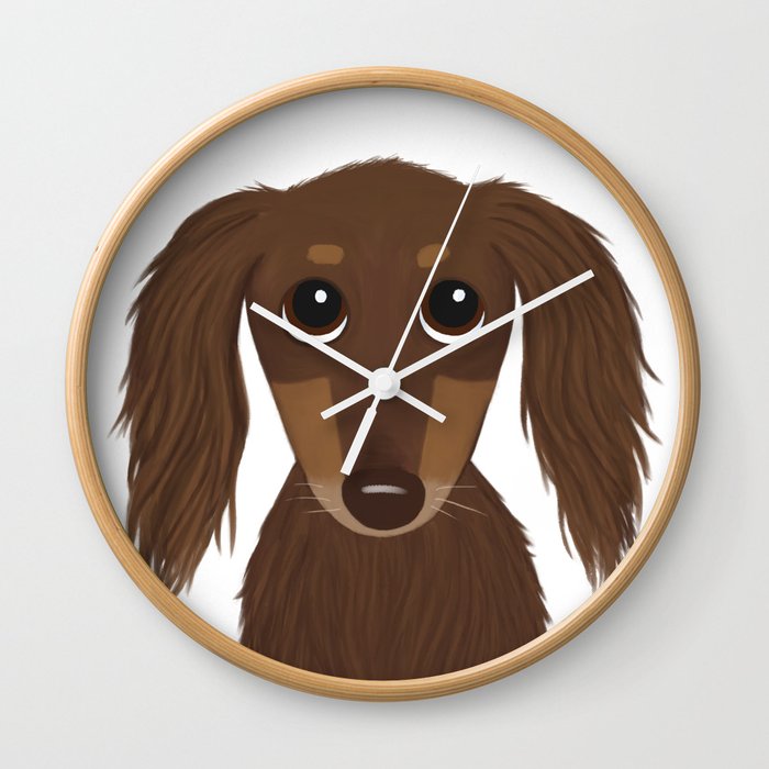 Longhaired Chocolate Dachshund Wall Clock By Mylifeisacartoon