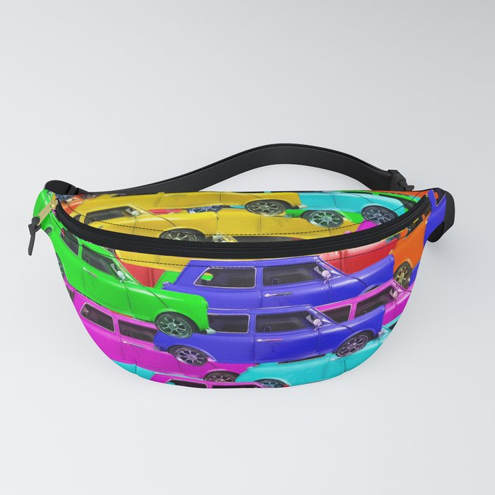 vintage car toy pattern background in yellow blue pink green orange Fanny Pack