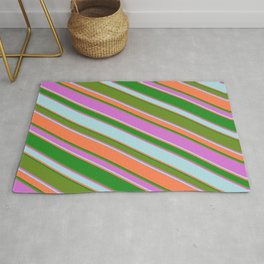 [ Thumbnail: Eyecatching Green, Orchid, Powder Blue, Coral & Forest Green Colored Lined Pattern Rug ]