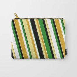 [ Thumbnail: Colorful Goldenrod, Tan, Black, Forest Green & White Colored Stripes Pattern Carry-All Pouch ]