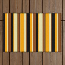 [ Thumbnail: Brown, Pale Goldenrod, Orange, and Black Colored Lines Pattern Outdoor Rug ]
