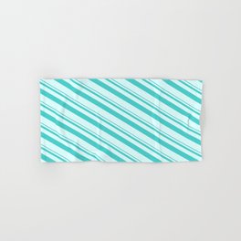 [ Thumbnail: Turquoise and Light Cyan Colored Lined/Striped Pattern Hand & Bath Towel ]