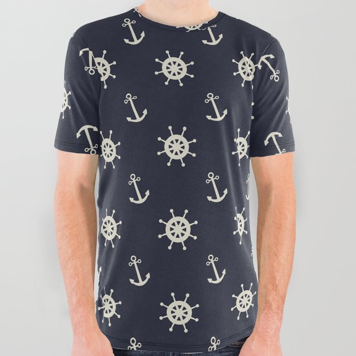 Sea steering wheel and anchors All Over Graphic Tee