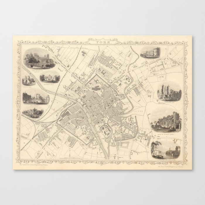 Vintage Map of York England (1851) Canvas Print