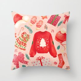 Cozy Christmas Outfit - Pink Throw Pillow