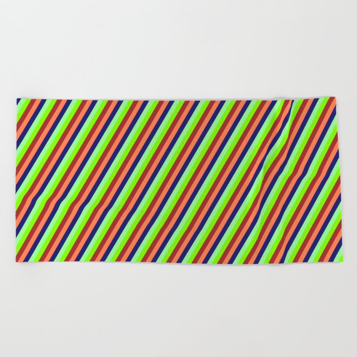 Vibrant Green, Chartreuse, Brown, Coral, and Midnight Blue Colored Lines/Stripes Pattern Beach Towel