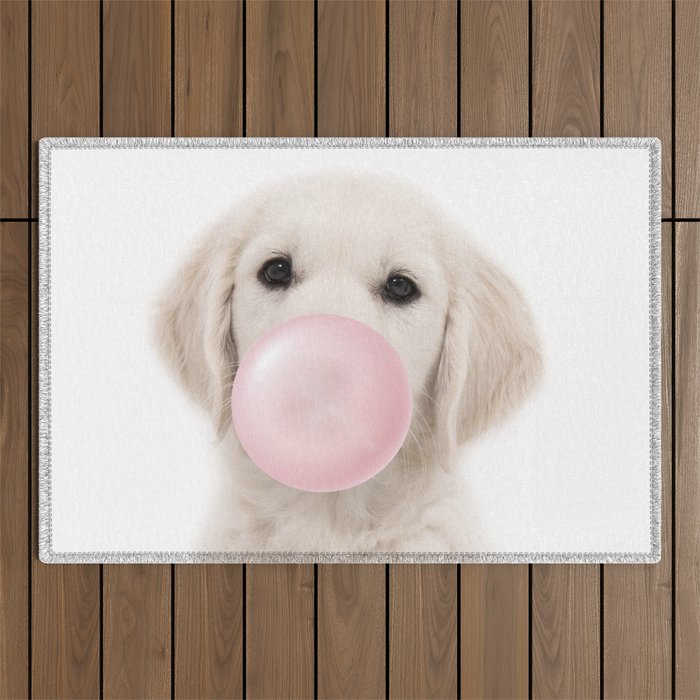 Puppy Labrador, Dog Blowing Bubble Gum, Pink Nursery, Baby Animals Art Print by Synplus Outdoor Rug