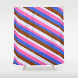 [ Thumbnail: Brown, Lavender, Hot Pink & Royal Blue Colored Lined/Striped Pattern Shower Curtain ]