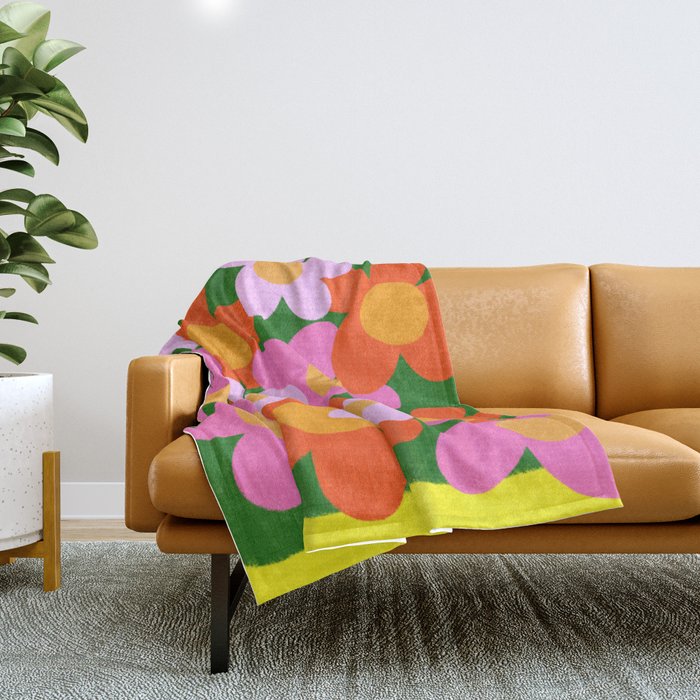 Cheerful Spring Flowers 70’s Retro Green on Yellow Throw Blanket