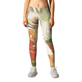 The Lady and the Tiger II Leggings | Curated, Tiger, Drawing, Summer Vibes, Green, Watercolor, Leaves, Minimalist, Plant, Painting 