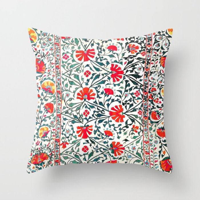 Floral Pattern Tapestry IV // 18th Century Colorful Green Yellow Orange Red Mint Blue Flower Design Throw Pillow