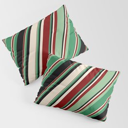 [ Thumbnail: Colorful Beige, Maroon, Dark Sea Green, Sea Green, and Black Colored Striped Pattern Pillow Sham ]