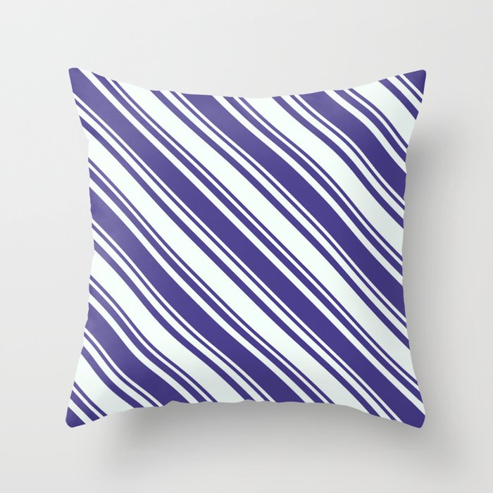 Dark Slate Blue & Mint Cream Colored Stripes/Lines Pattern Throw Pillow