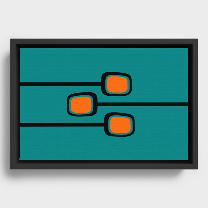 Mid Century Modern Retro Branches Minimalist Print on Vintage Teal with Pops of Orange Framed Canvas