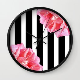 Pink roses on black and white stripes Wall Clock
