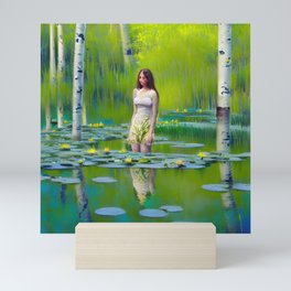 Colorful painting of a girl walking in a lily pond Mini Art Print