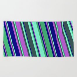 [ Thumbnail: Eyecatching Sea Green, Aquamarine, Dark Slate Gray, Orchid, and Blue Colored Lines Pattern Beach Towel ]