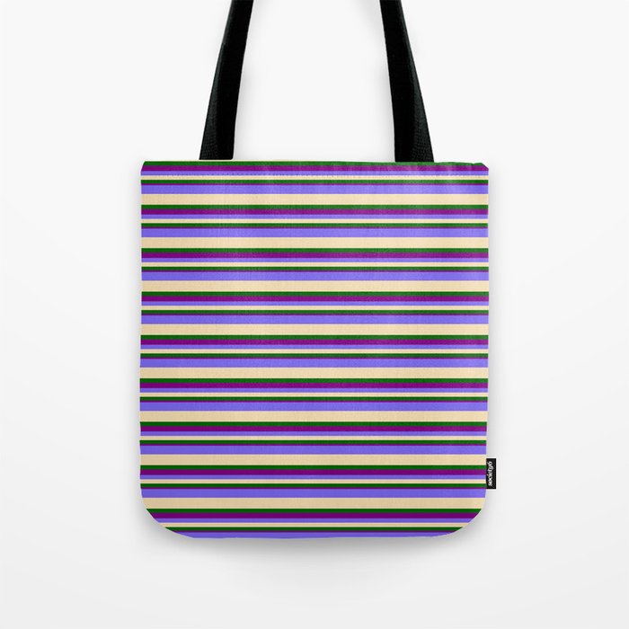 Medium Slate Blue, Tan, Dark Green & Purple Colored Pattern of Stripes Tote Bag