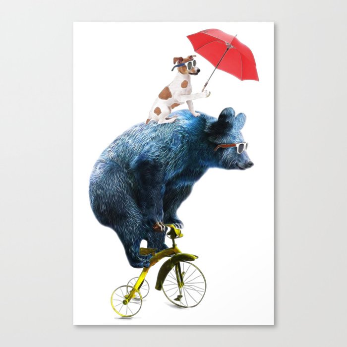 Bear with cute dog on the bike Canvas Print
