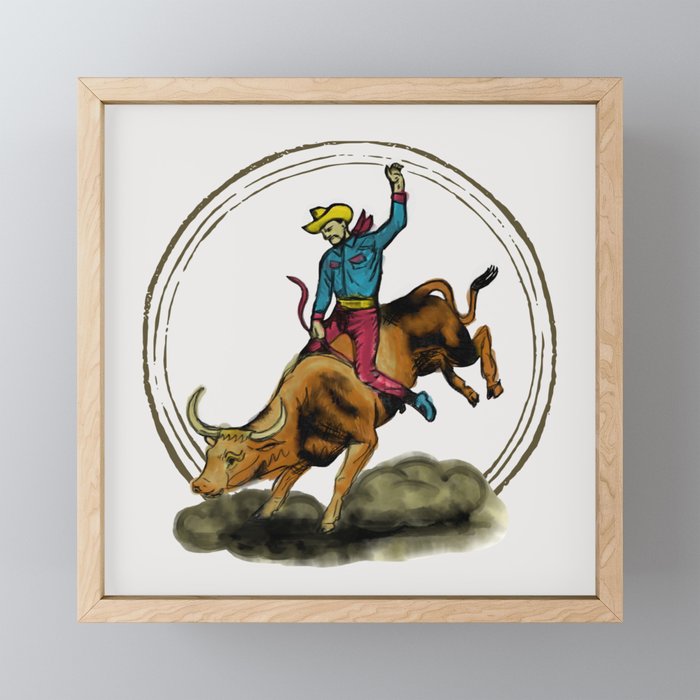 Full Moon Bull & Cowboy Framed Mini Art Print