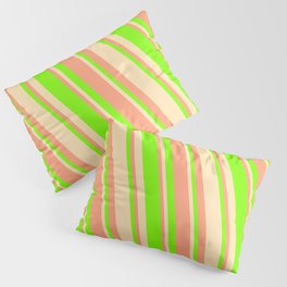 [ Thumbnail: Beige, Light Salmon & Chartreuse Colored Stripes Pattern Pillow Sham ]