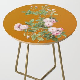 Vintage Pink Baby Roses Botanical Illustration on Bright Orange Side Table