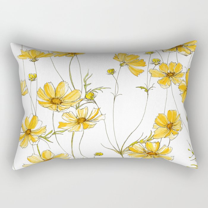 Yellow Cosmos Flowers Rechteckiges Kissen | Drawing, Ink-pen, Acrylic, Muster, Cosmos, Blumen, Blume, Floral, Yellow, Wild-flowers