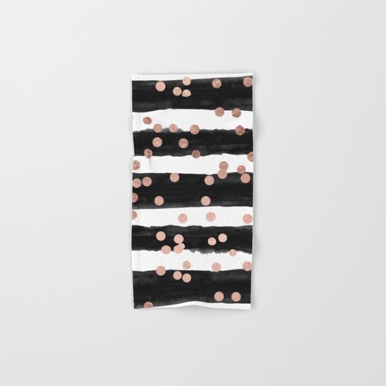 Girly rose gold confetti black watercolor stripes Hand & Bath Towel