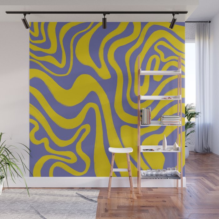 Retro Liquid Swirl Pattern in Very Peri and Yellow Wall Mural