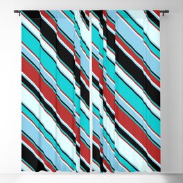[ Thumbnail: Colorful Black, Dark Turquoise, Red, Light Cyan, and Sky Blue Colored Pattern of Stripes Blackout Curtain ]
