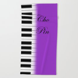 Violet, twisted Chopin name and piano keyboard Beach Towel