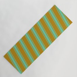 [ Thumbnail: Dark Goldenrod & Aquamarine Colored Striped/Lined Pattern Yoga Mat ]