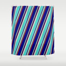 [ Thumbnail: Tan, Turquoise, Red & Blue Colored Lined Pattern Shower Curtain ]