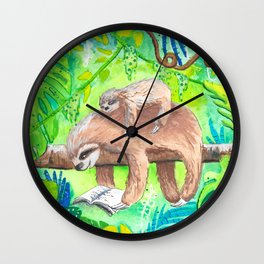 The Snuggle is Real  Wall Clock | Green, Reading, Bright, Baby, Sloths, Jungle, Children, Nature, Whimsical, Painting 