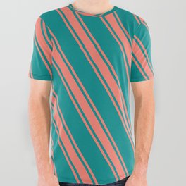 [ Thumbnail: Dark Cyan & Salmon Colored Stripes Pattern All Over Graphic Tee ]