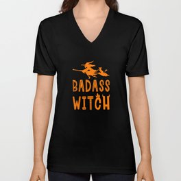 Badass Witch Hallowenn Cat Broom Unisex V-Neck