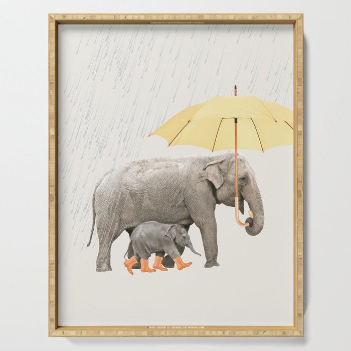 Elephant family mother and baby with yellow umbrella Serving Tray