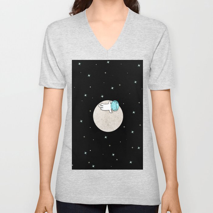 Cat On A Moon V Neck T Shirt