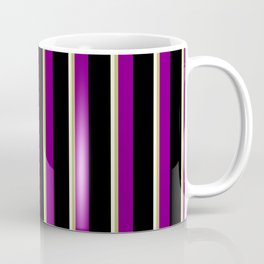 [ Thumbnail: Beige, Dark Khaki, Purple & Black Colored Stripes Pattern Coffee Mug ]